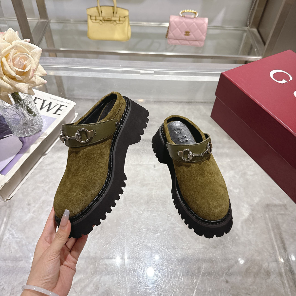 GG 2025 Horsebit Dark Green mix Black Suede Sheepskin 416544