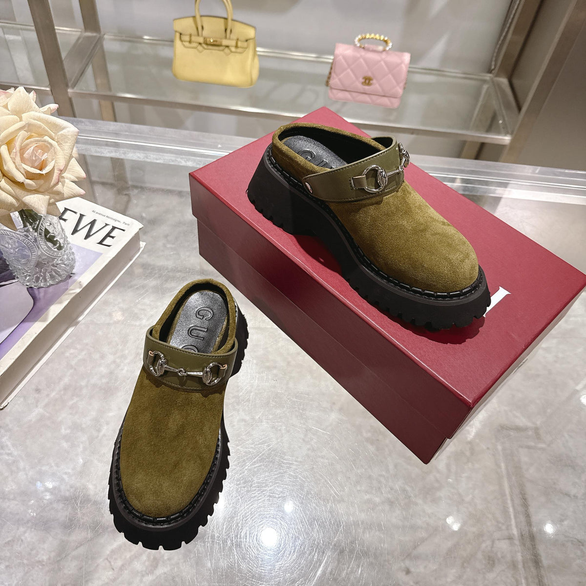 GG 2025 Horsebit Dark Green mix Black Suede Sheepskin 416544