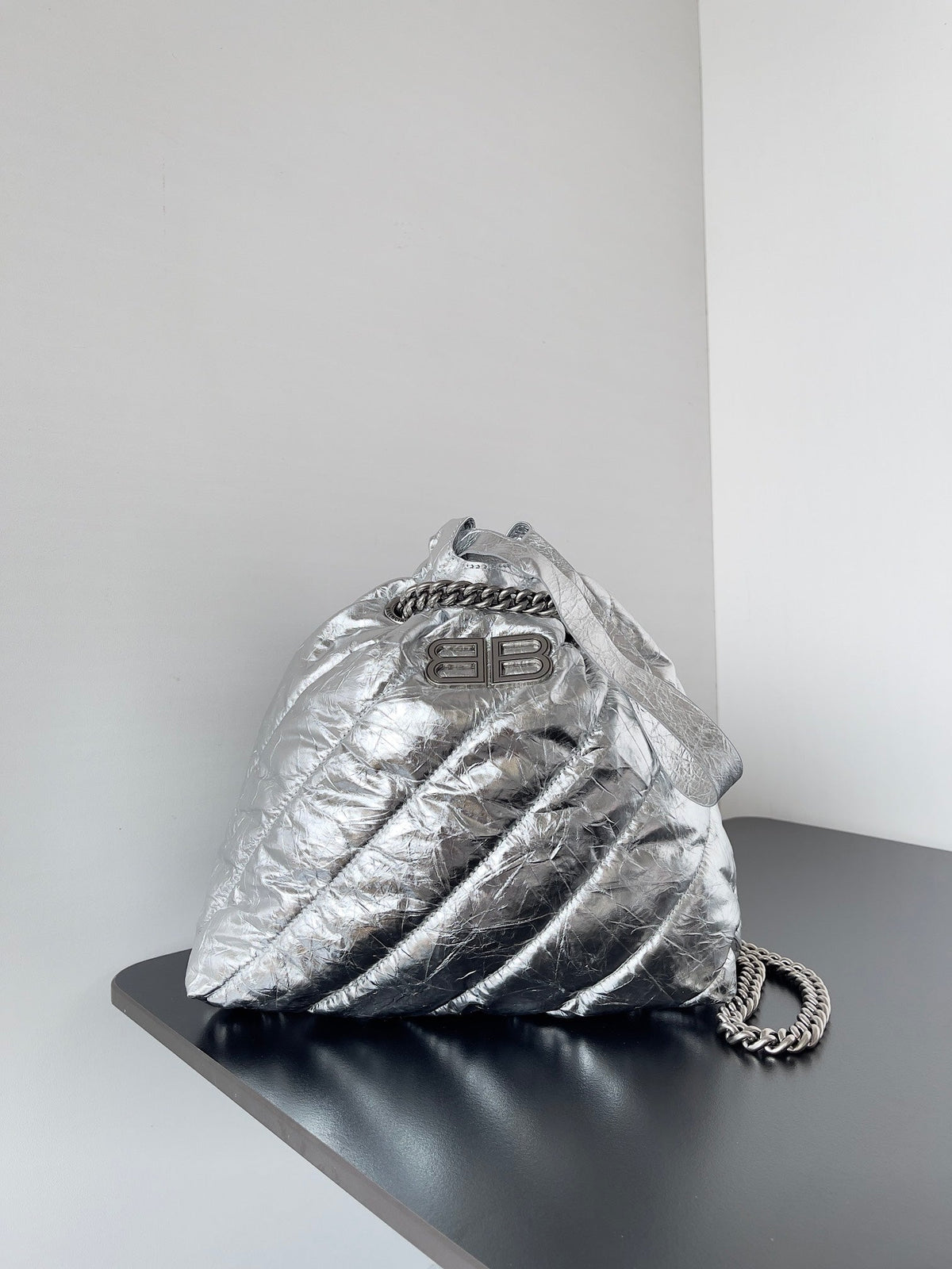 CRUSH SMALL TOTE BAG 26 IN SILVER QUILTED CALFSKIN SILVER HARDWARE