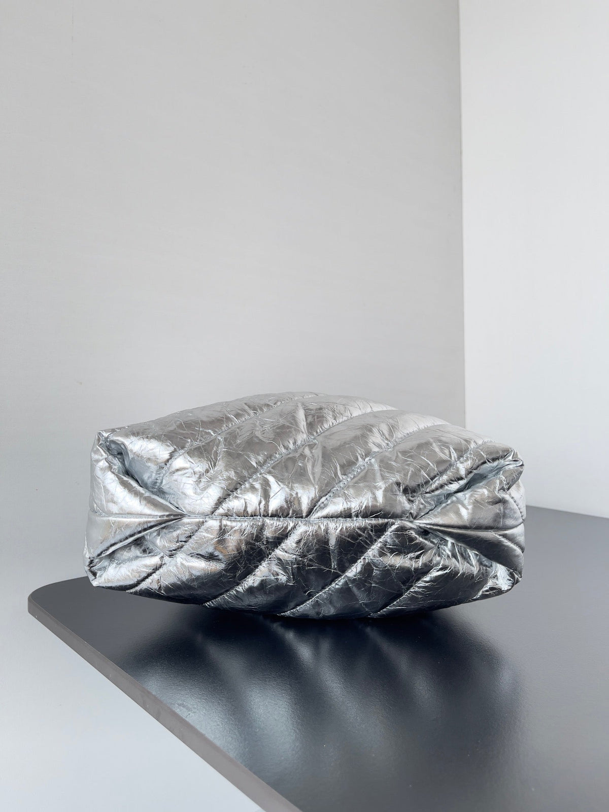 CRUSH SMALL TOTE BAG 26 IN SILVER QUILTED CALFSKIN SILVER HARDWARE