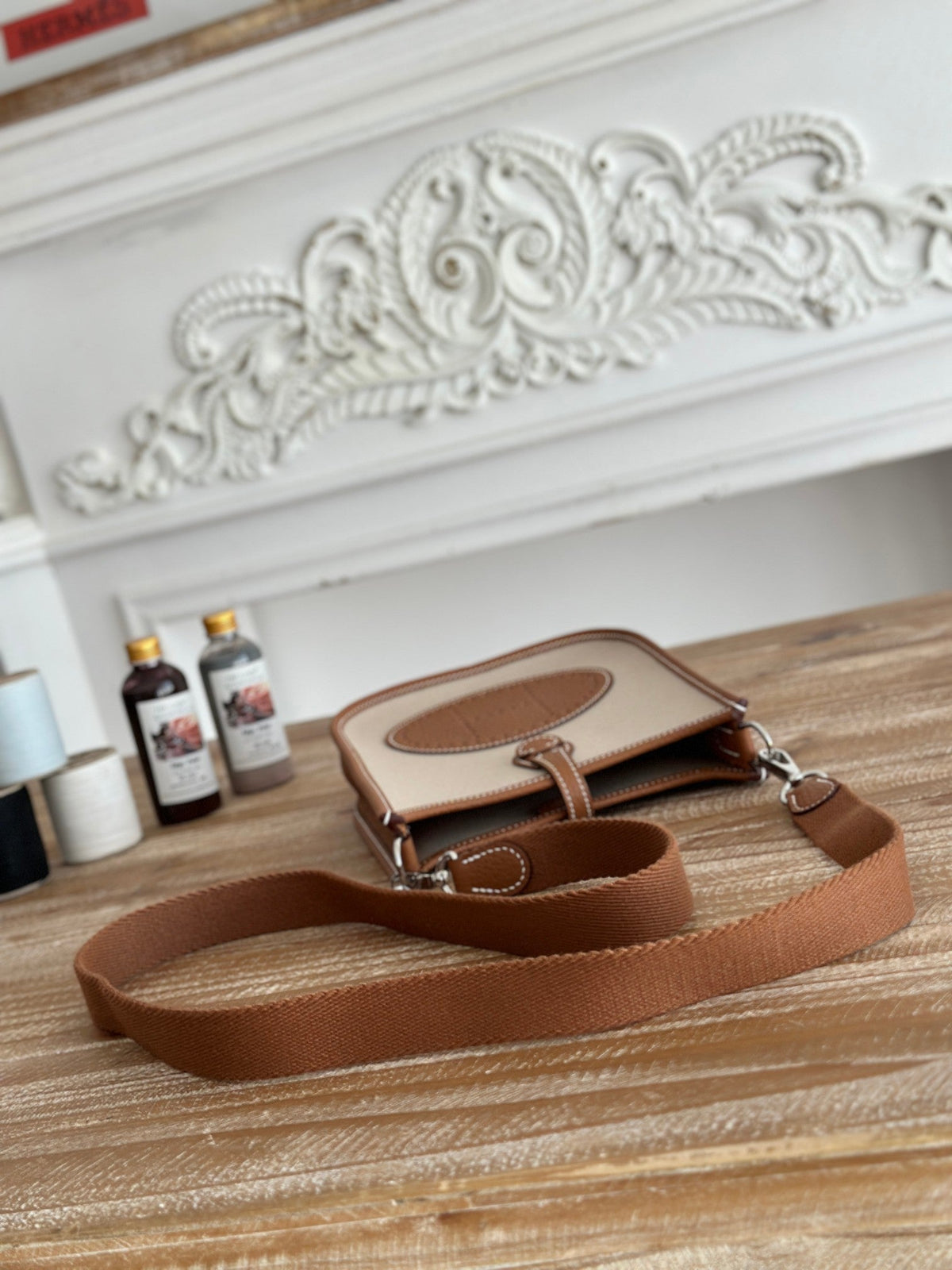 MINI NEO 17 EVELYNE BAG IN BEIGE CANVAS AND BRONZE BROWN CALFSKIN