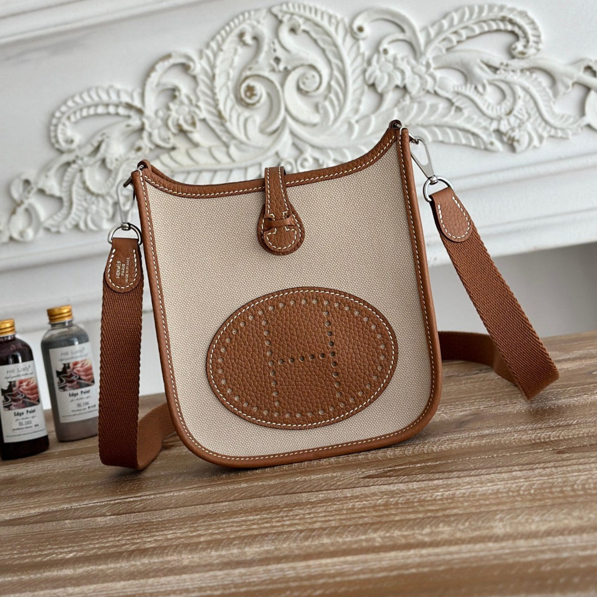 MINI NEO 17 EVELYNE BAG IN BEIGE CANVAS AND BRONZE BROWN CALFSKIN