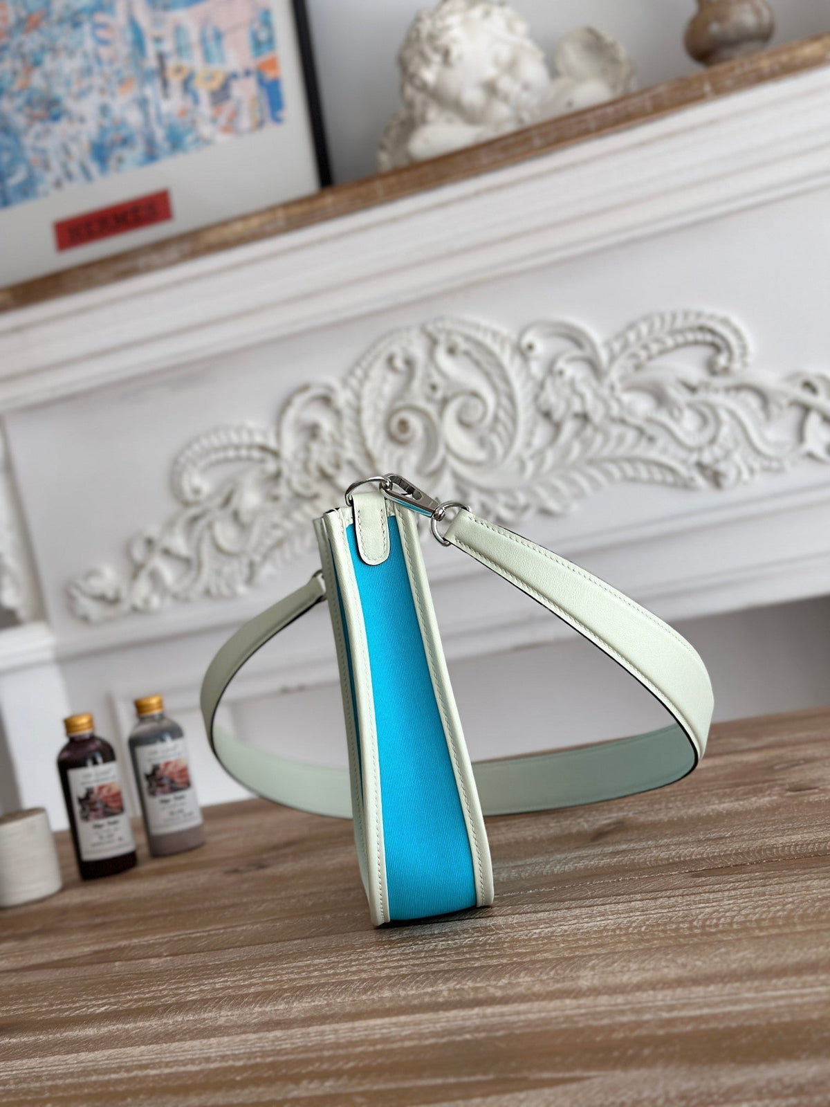 MINI NEO 17 EVELYNE BAG IN SKY BLUE CANVAS AND WHITE CALFSKIN