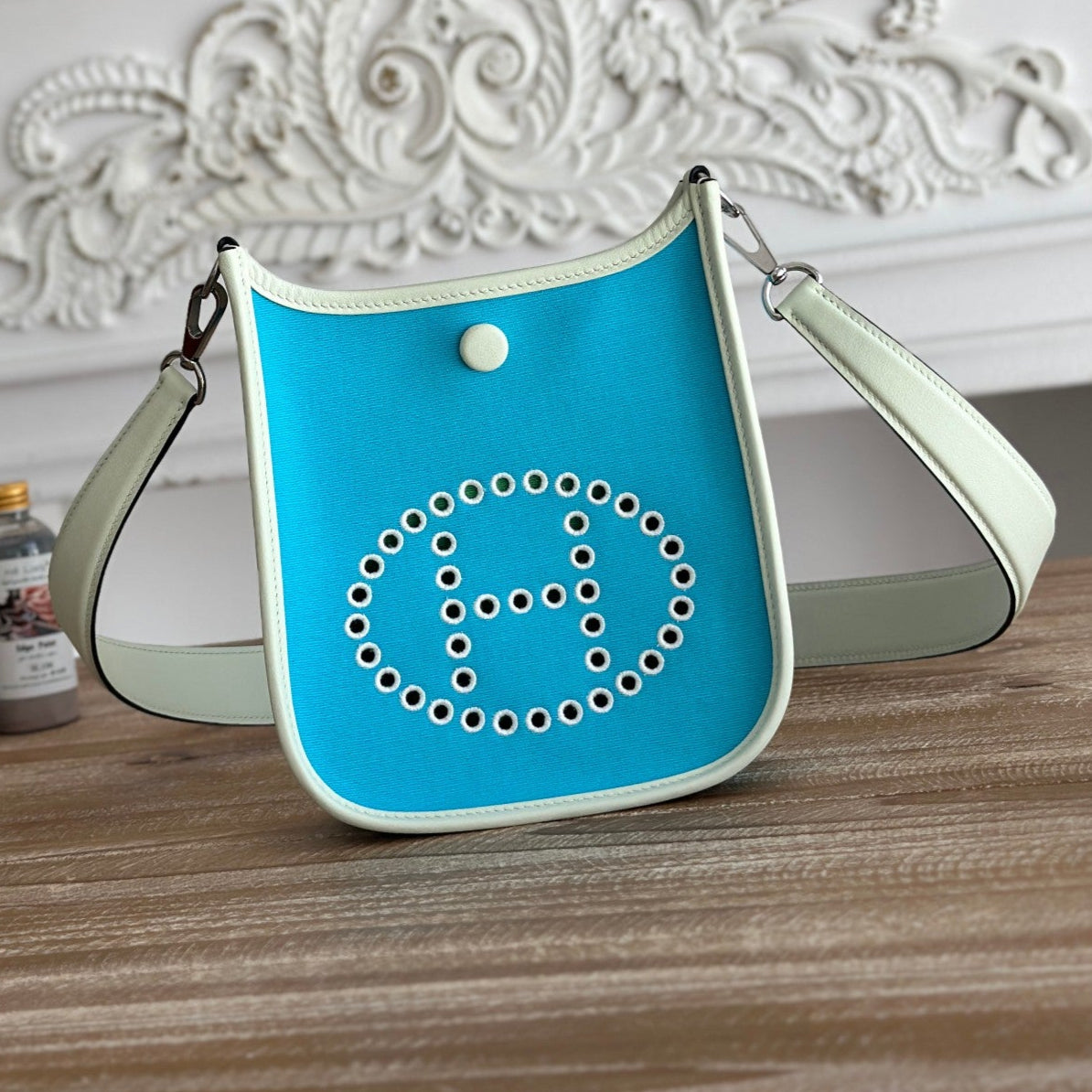 MINI NEO 17 EVELYNE BAG IN SKY BLUE CANVAS AND WHITE CALFSKIN