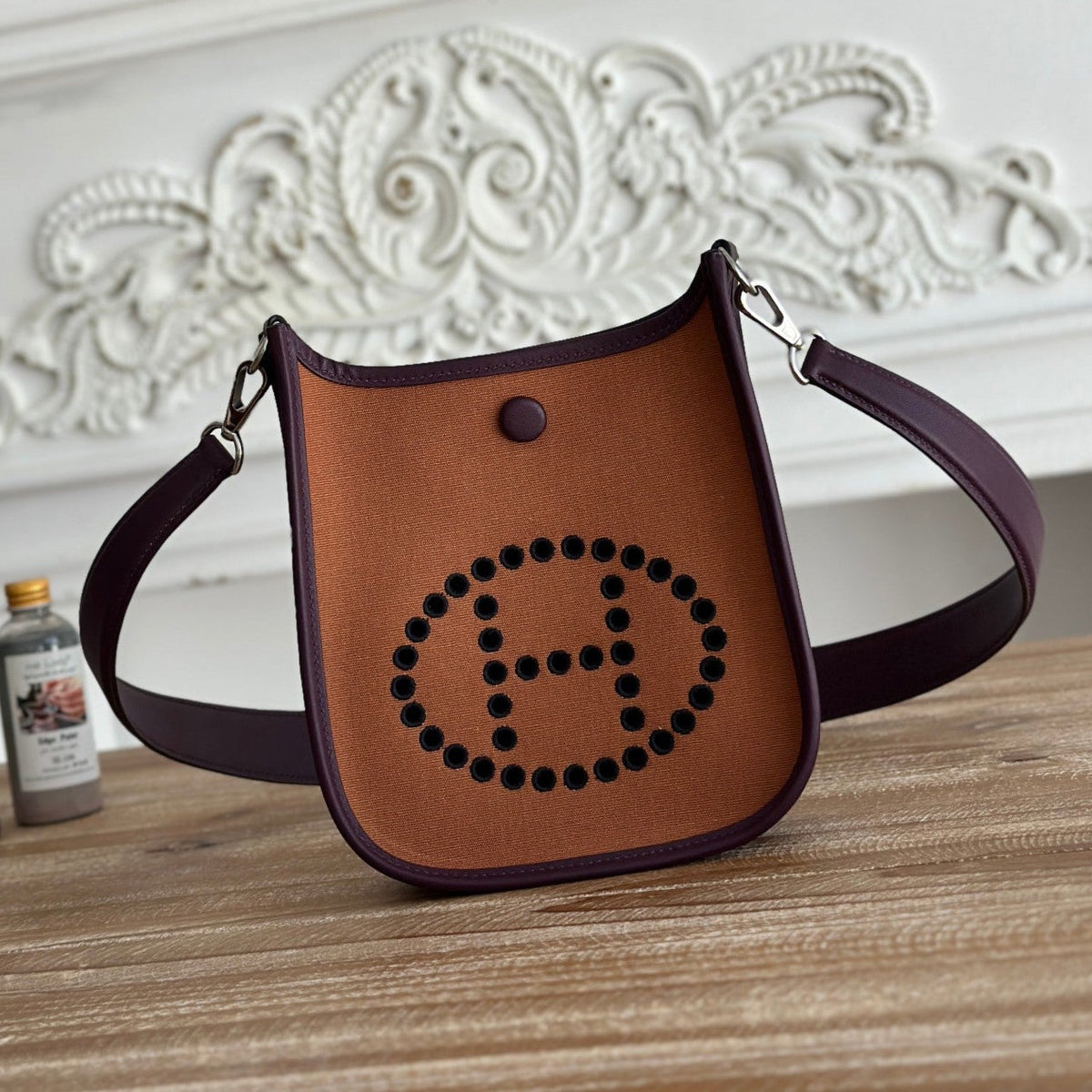 MINI NEO 17 EVELYNE BAG IN BRONZE BROWN CANVAS AND PLUM PURPLE CALFSKIN