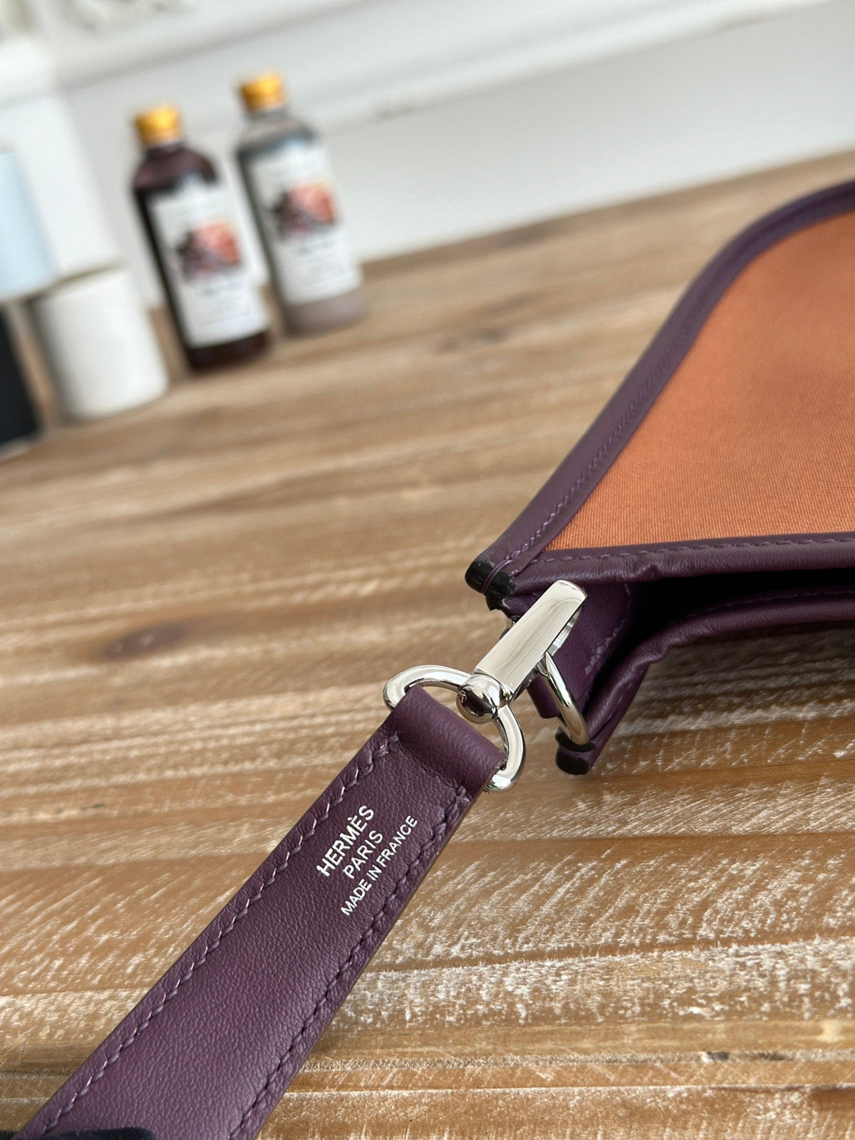 MINI NEO 17 EVELYNE BAG IN BRONZE BROWN CANVAS AND PLUM PURPLE CALFSKIN