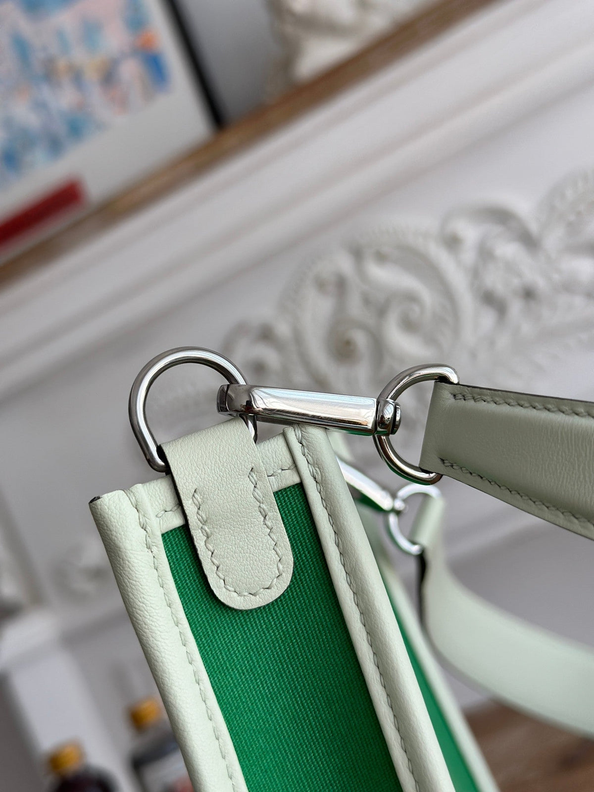 MINI NEO 17 EVELYNE BAG IN EMERALD GREEN CANVAS AND WHITE CALFSKIN