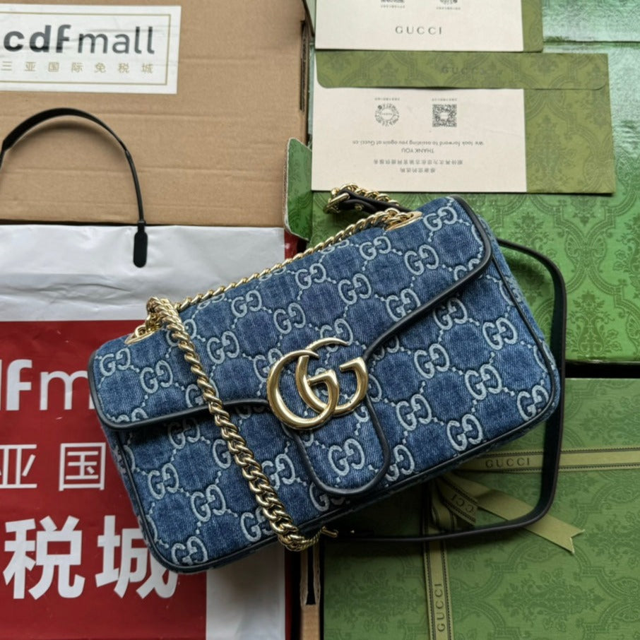 gg marmont 26cm blue monogram denim gold hardware