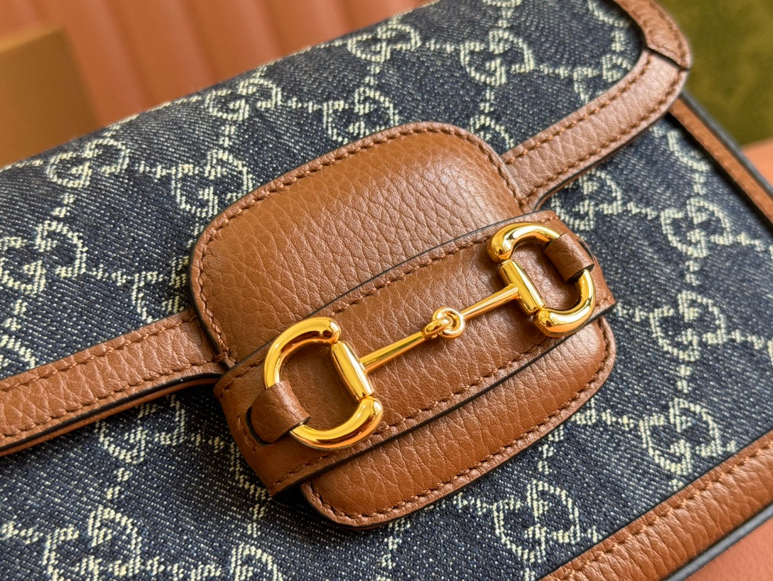Gucci Horsebit Bag Blue mix Brown Leather Canvas 244253
