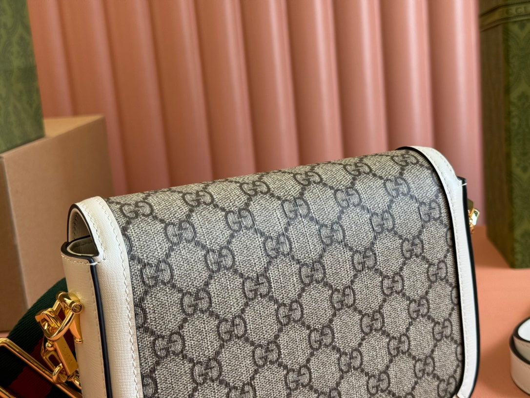 Gucci Horsebit Bag Ebony mix White Leather Canvas 244256