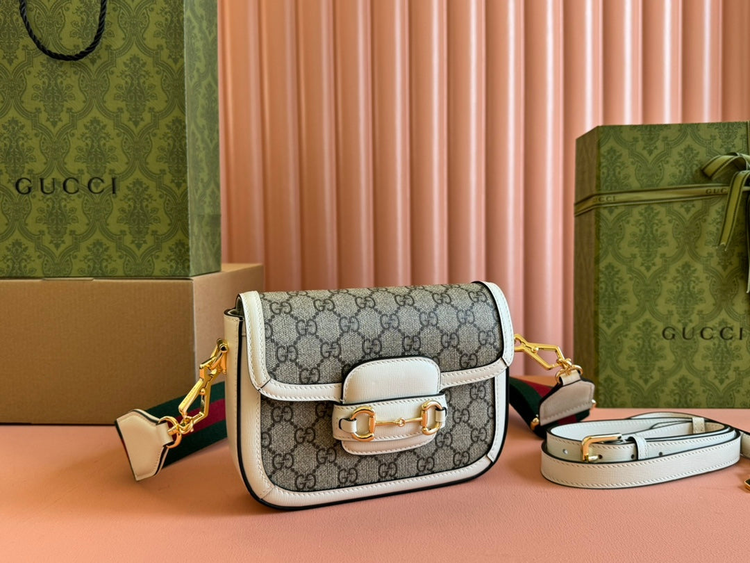 Gucci Horsebit Bag Ebony mix White Leather Canvas 244256