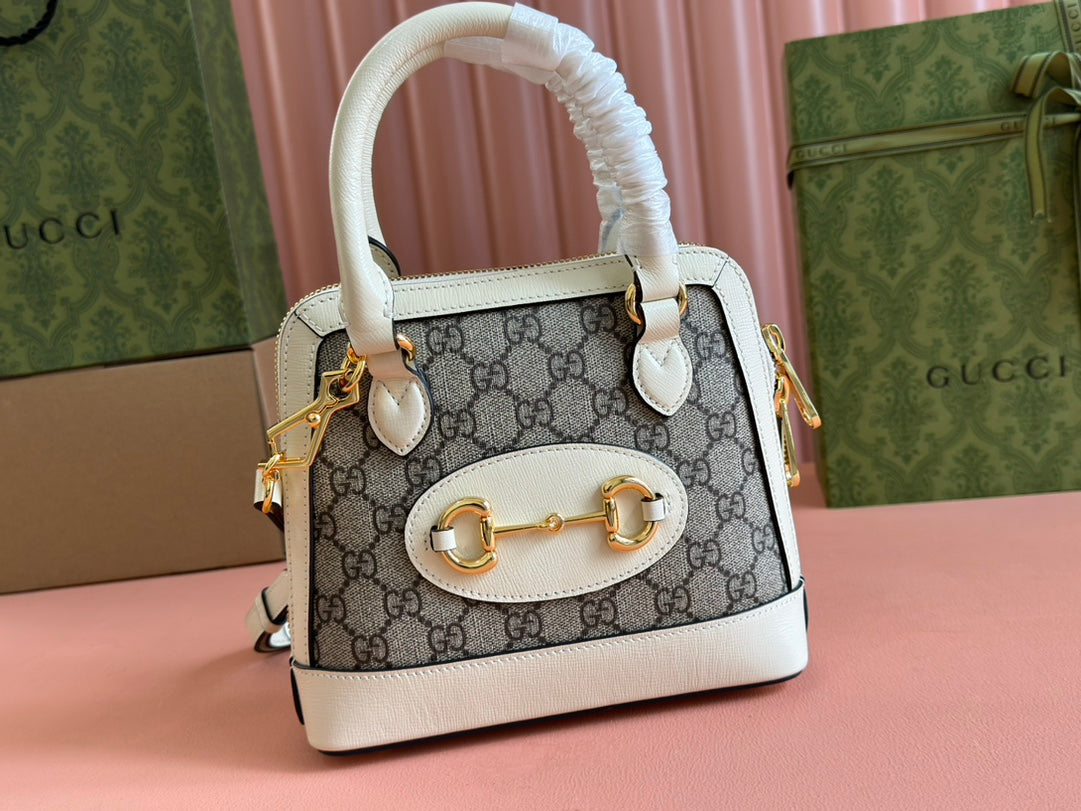 GG Horsebit 1955 Small Top Handle Bag Beige & White GG Monogram Fabric 272171