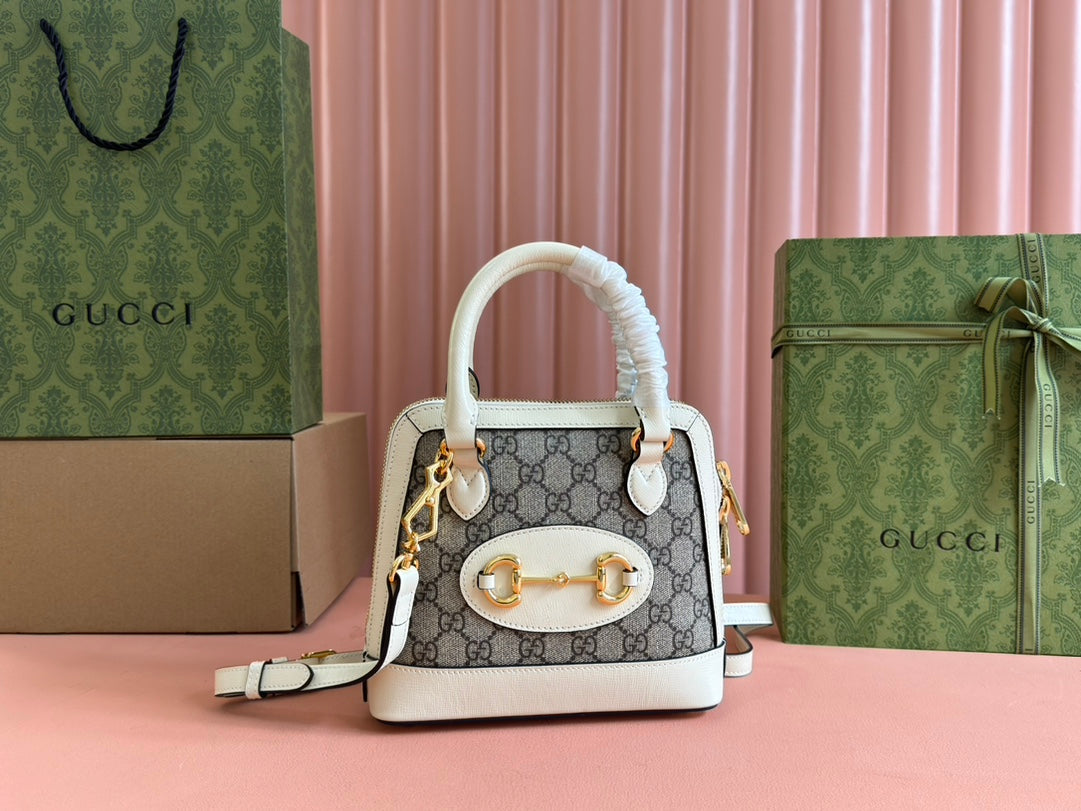 GG Horsebit 1955 Small Top Handle Bag Beige & White GG Monogram Fabric 272171