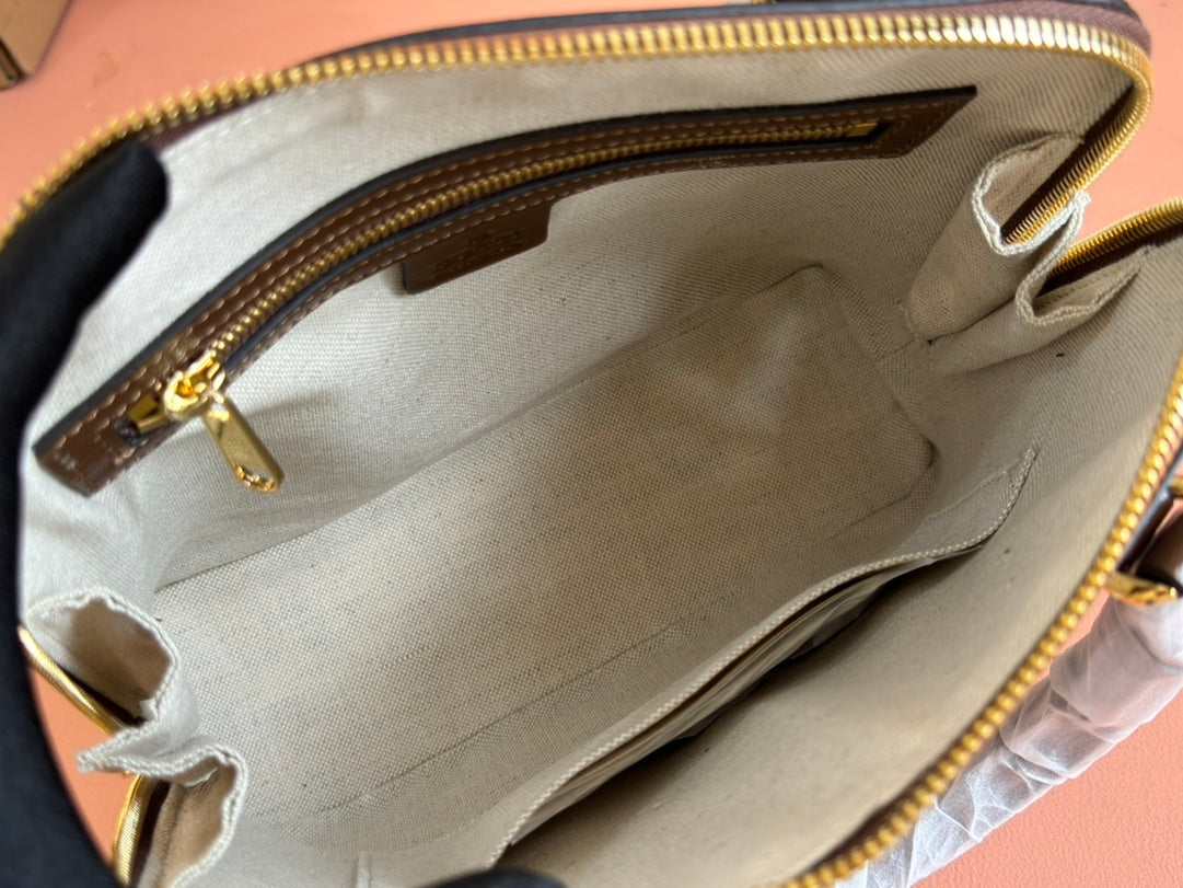 GG Horsebit 1955 Small Top Handle Bag Beige & Dark Brown GG Monogram Fabric 272173