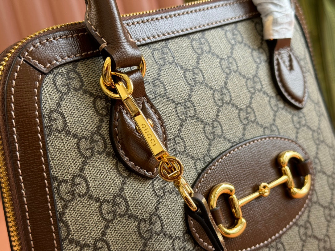 GG Horsebit 1955 Small Top Handle Bag Beige & Dark Brown GG Monogram Fabric 272173