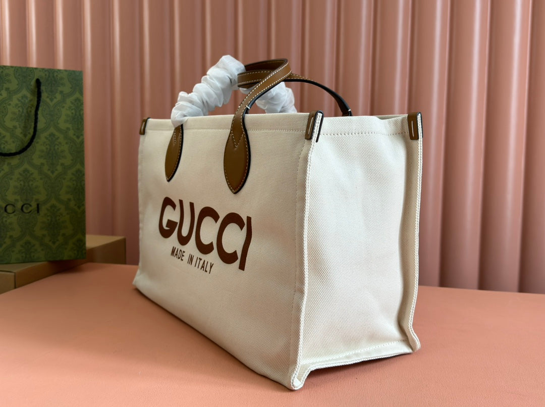 Gucci Medium Tote Bag Brown White Leather Canvas 248187