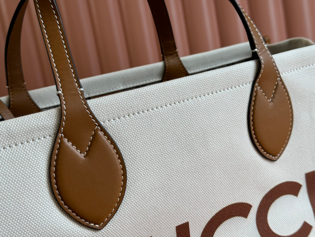 Gucci Medium Tote Bag Brown White Leather Canvas 248187