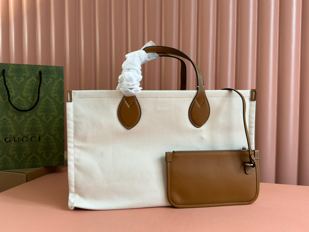 Gucci Medium Tote Bag Brown White Leather Canvas 248187