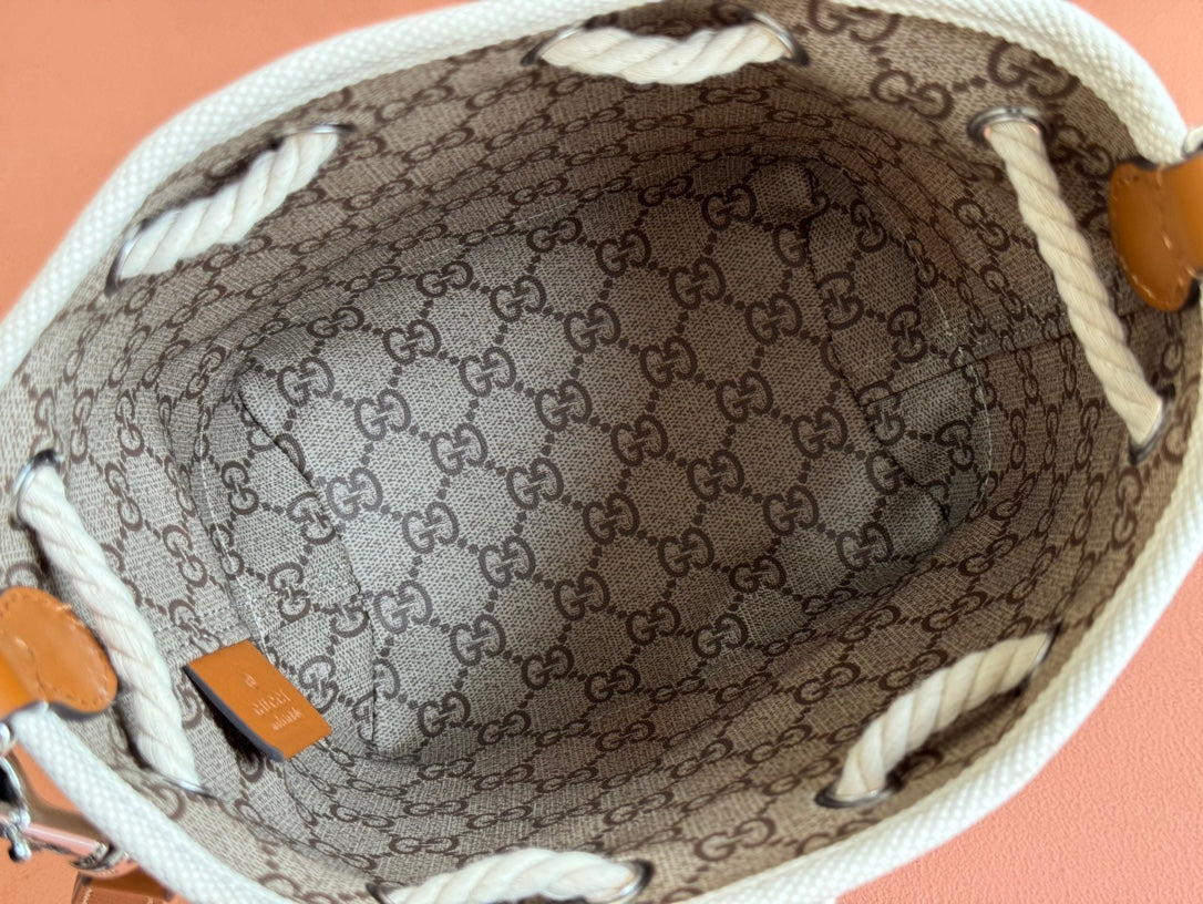 Gucci Bucket Bag Brown White Leather Canvas
