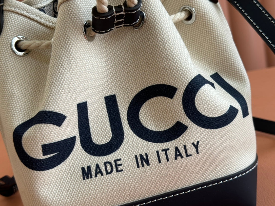 Gucci Bucket Bag Blue White Leather Canvas