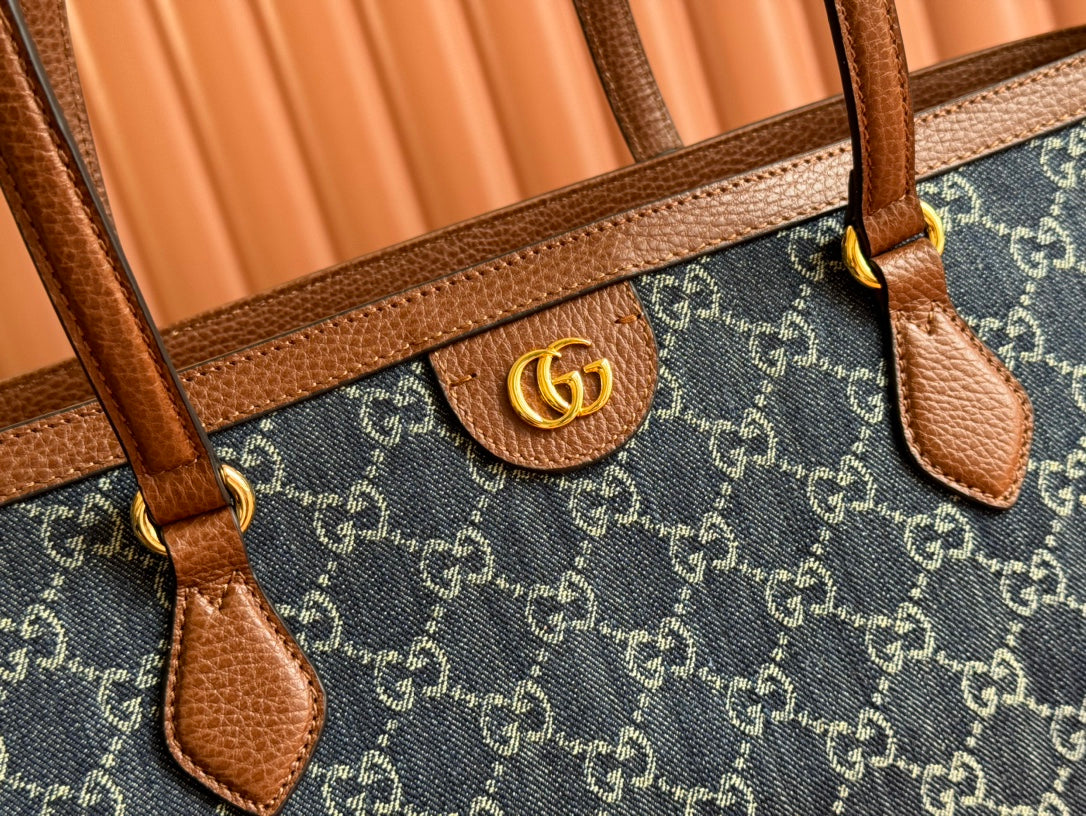Gucci Ophidia 38cm Bag Blue Brown Leather Canvas 244458