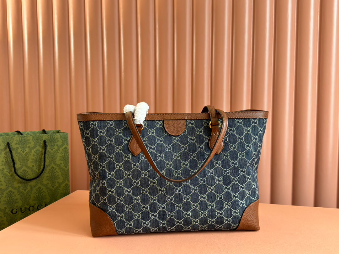 Gucci Ophidia 38cm Bag Blue Brown Leather Canvas 244458