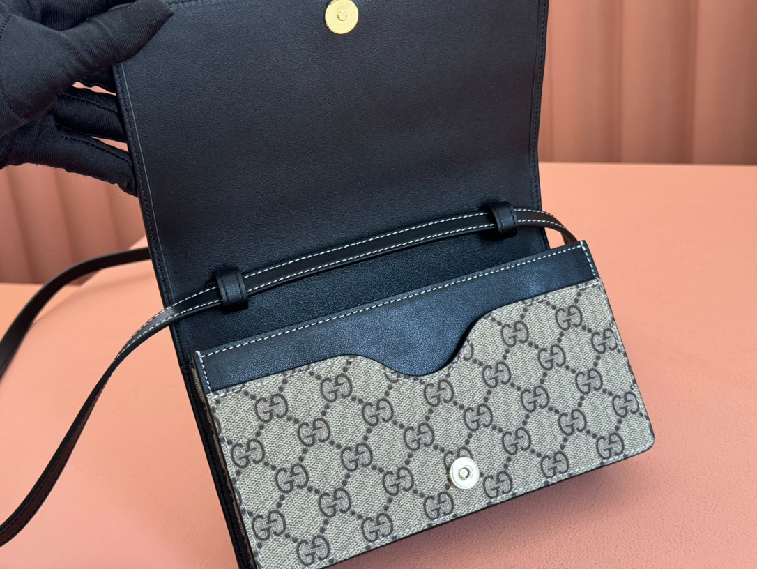 Gucci Emblem Mini Shoulder Bag Beige Blue Canvas Leather 244492