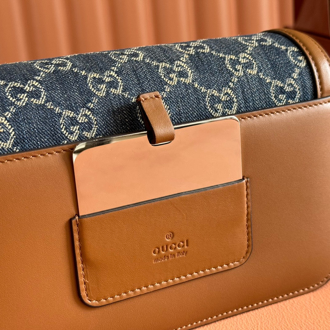 Gucci GO Small Shoulder Bag Brown mix Blue Leather Canvas 248117