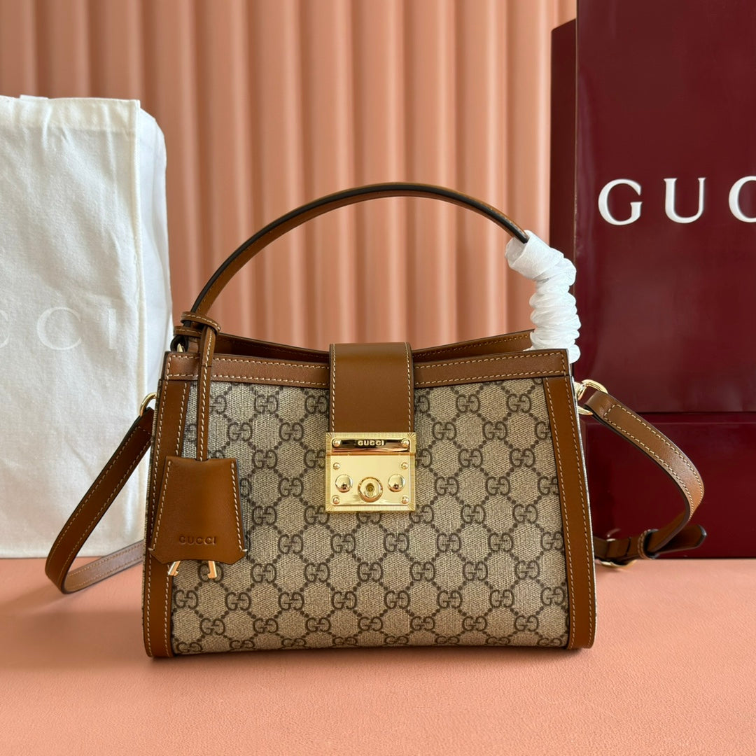 GG Padlock Medium Top Handle Bag Beige Brown Leather Canvas