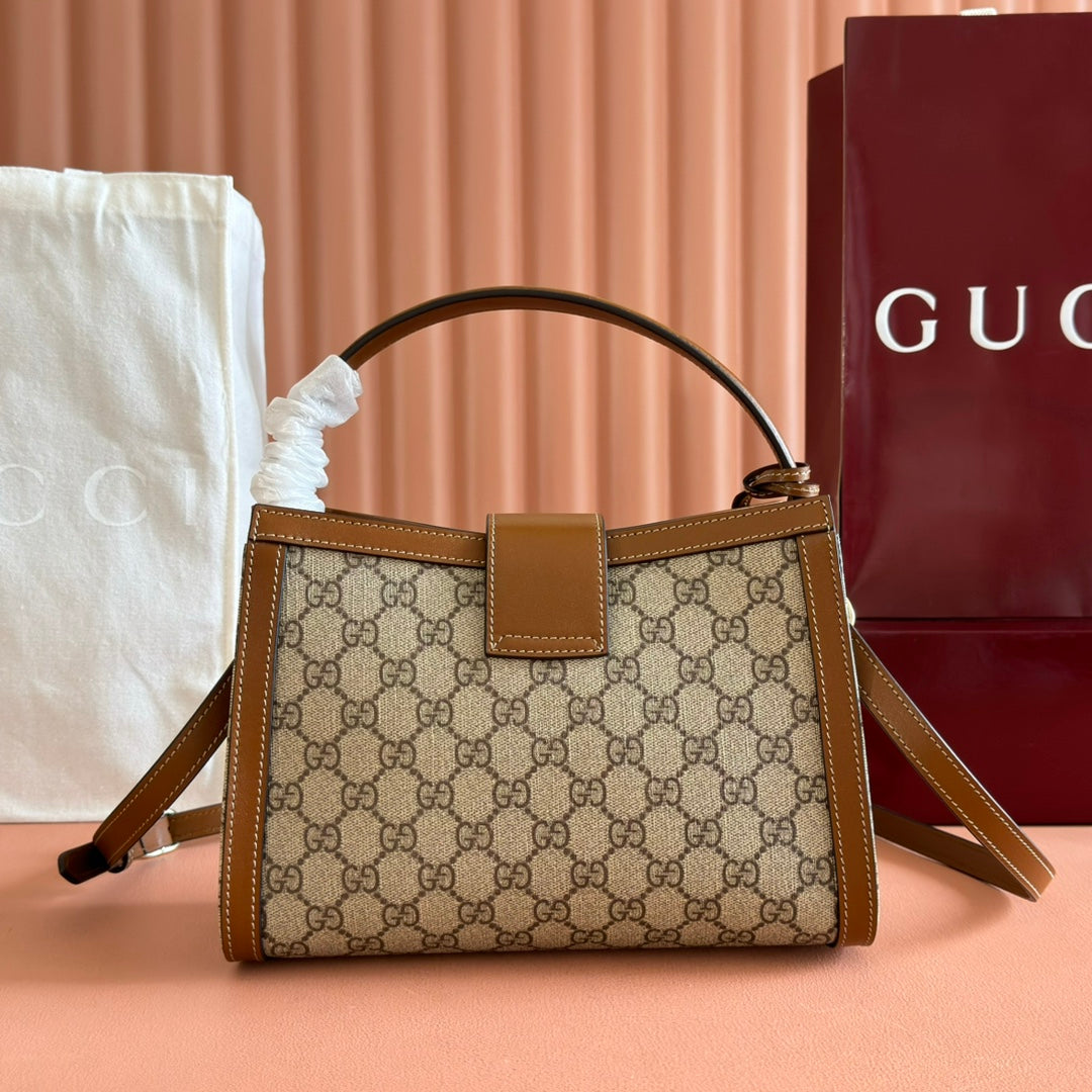 GG Padlock Medium Top Handle Bag Beige Brown Leather Canvas