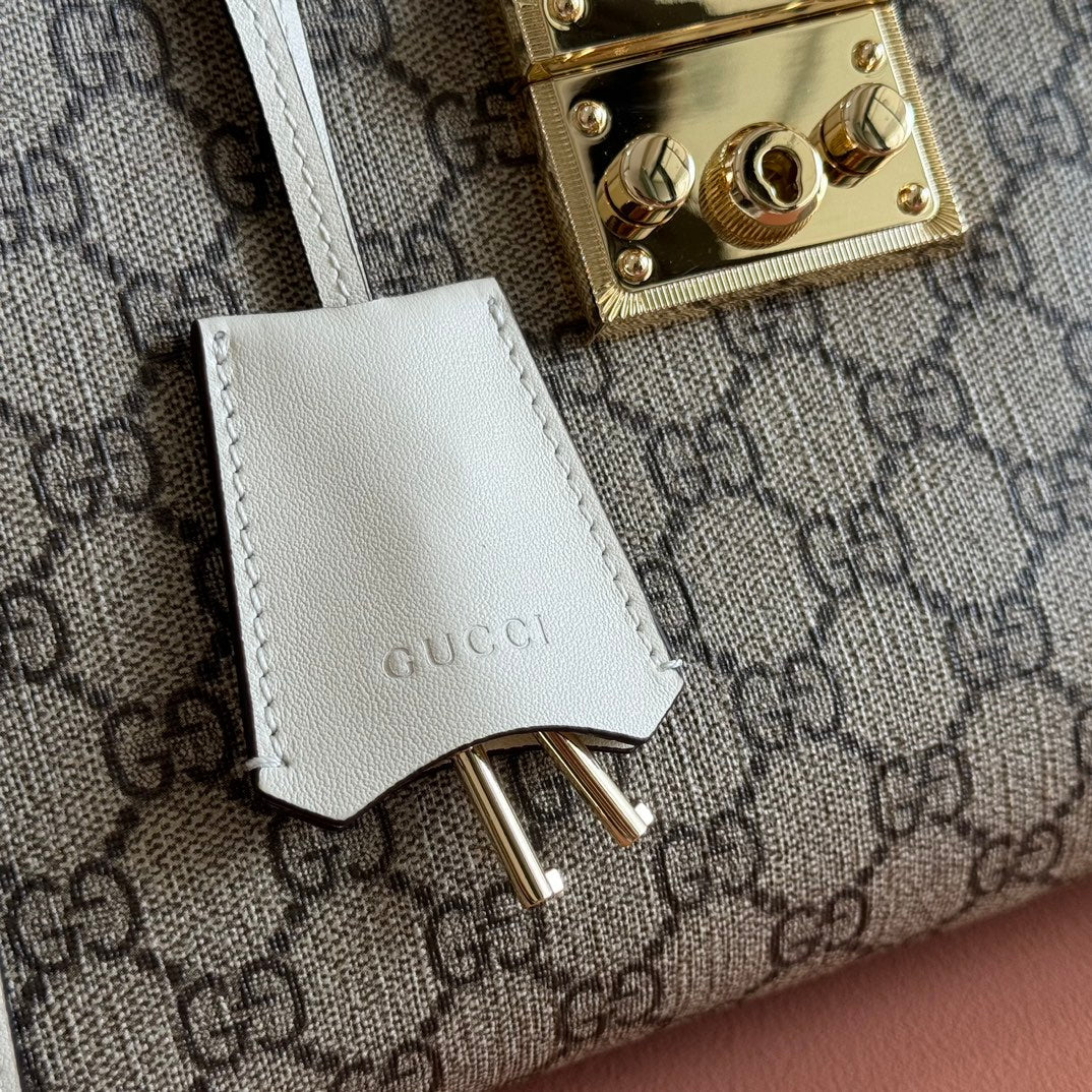 GG Padlock Medium Top Handle Bag Beige White Leather Canvas