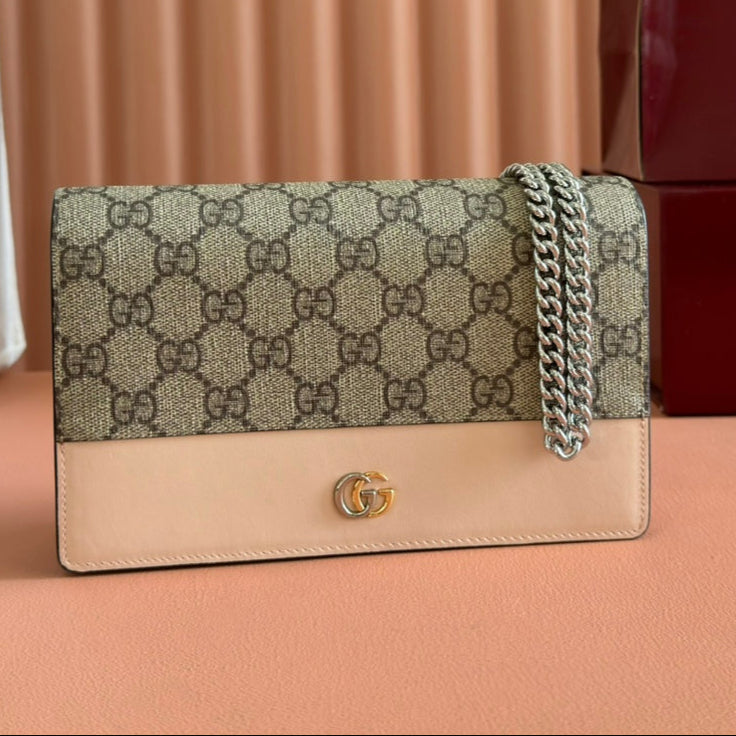Gucci Marmont Chain Wallet Ebony mix Beige Leather Canvas 255315