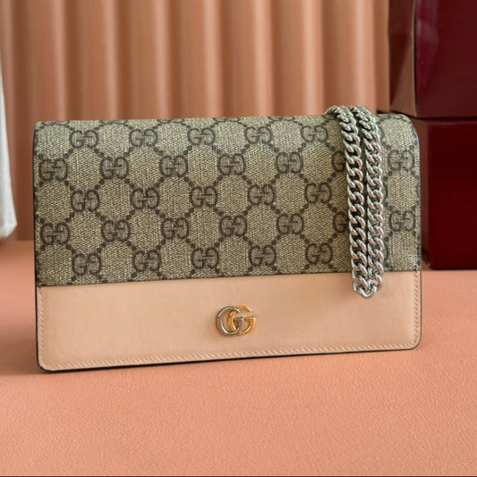 Gucci Marmont Chain Wallet Ebony mix Beige Leather Canvas 255315