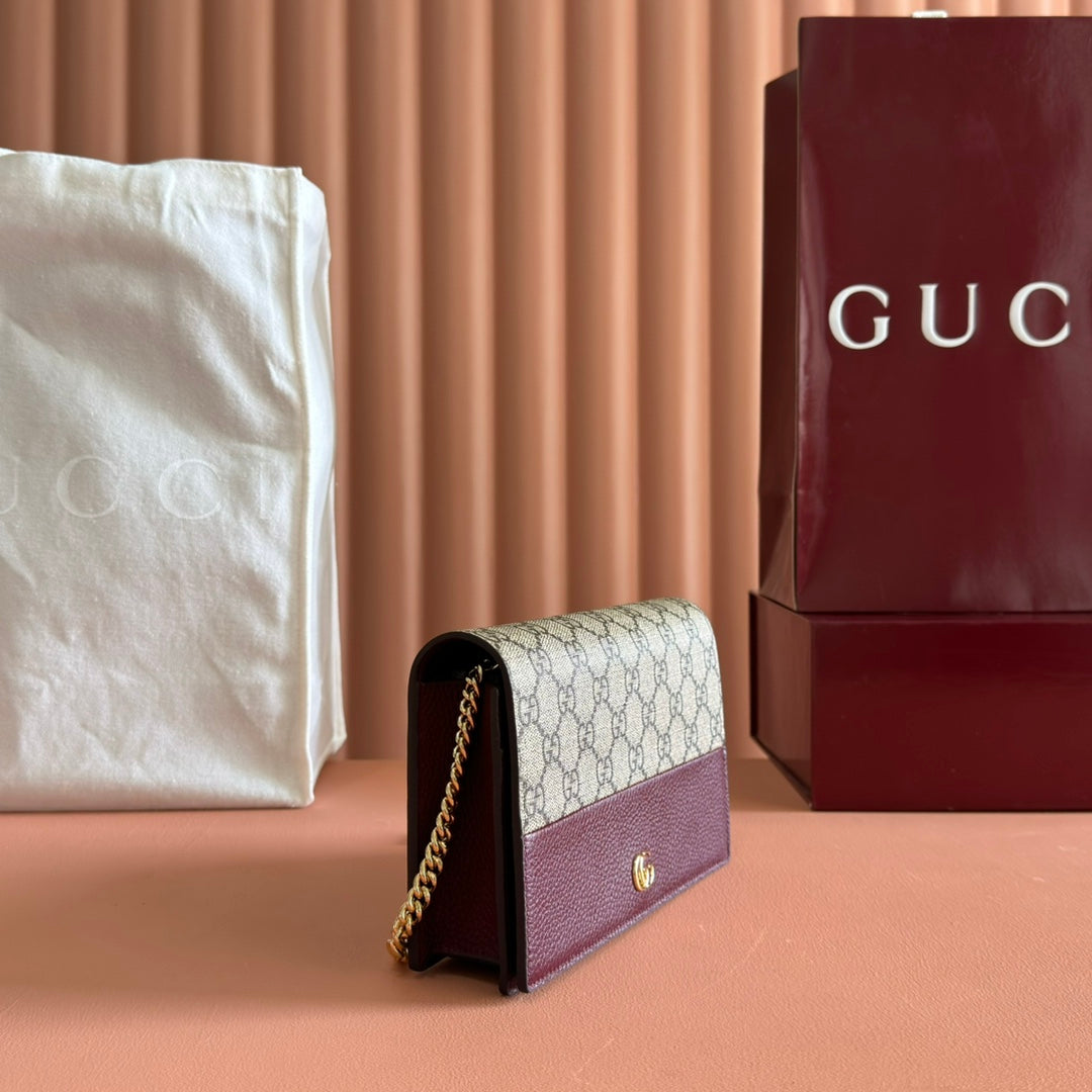 Gucci Marmont Chain Wallet Ebony mix Rosso Ancora Red Leather Canvas 255316