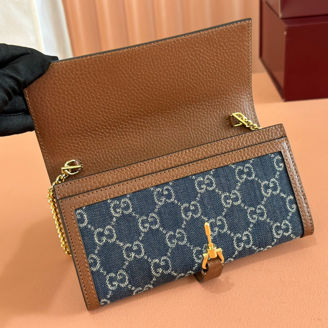 Gucci Jackie Chain Wallet Blue Brown Canvas Leather 255173
