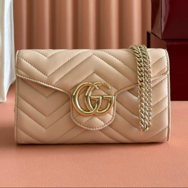 Gucci Marmont Chain Wallet Beige Cowhide 254972