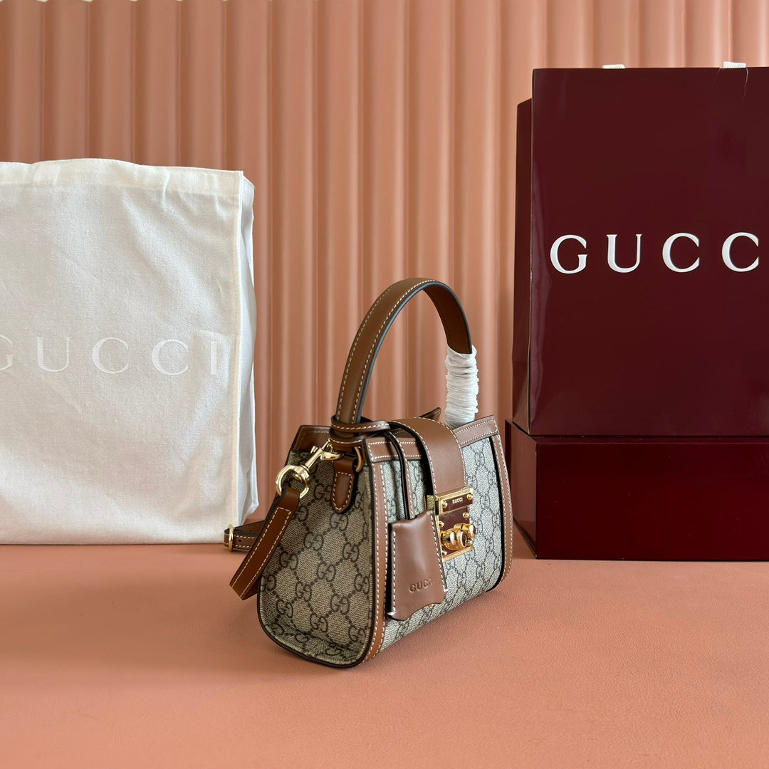 GG Padlock Small Top Handle Bag Beige Brown Leather Canvas