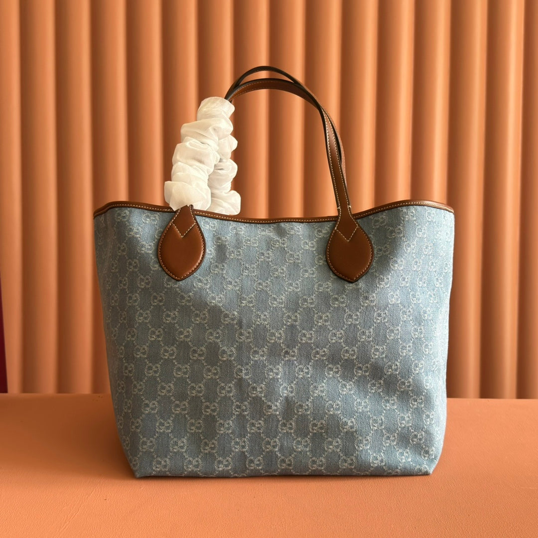 Gucci Totissima Tote Bag Blue White Denim Leather 257930