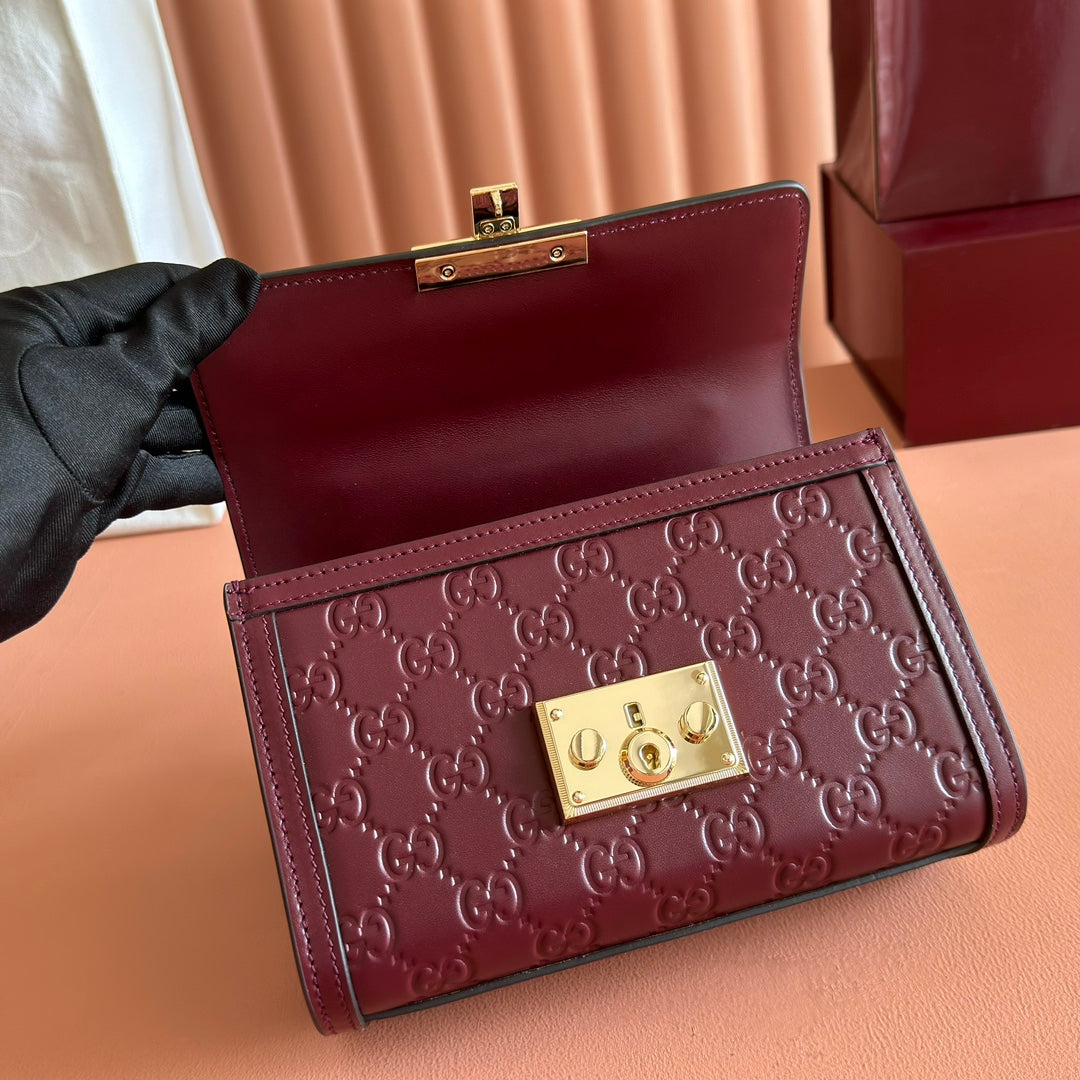 GG Padlock Handbag 20cm Burgundy GG Pattern Leather