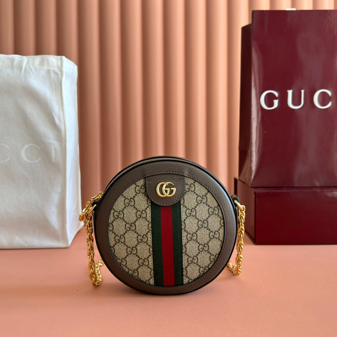 Gucci Ophida GG Round Bag Taupe Beige Canvas Grain Leather