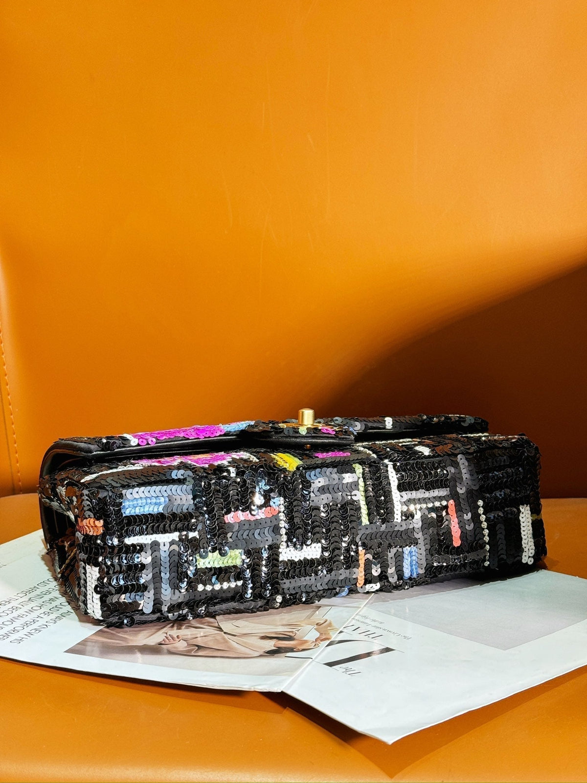 24S Flap Bag 25.5cm Black White Purple Sequin