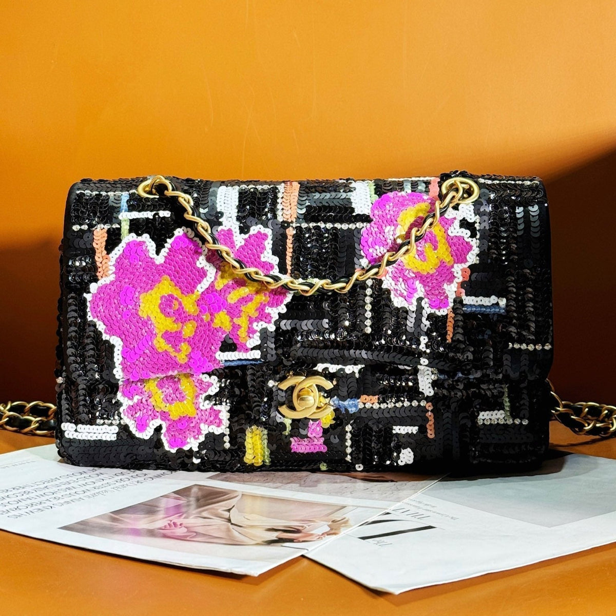 24S Flap Bag 25.5cm Black White Purple Sequin