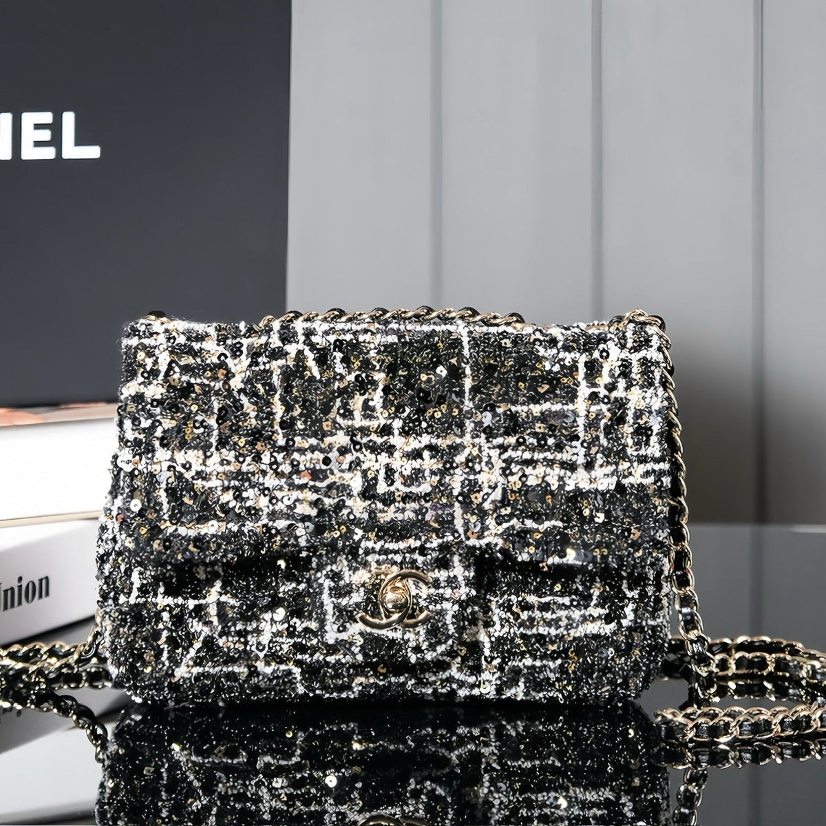 24S Flap Bag 20cm Black White Sequin Calfskin