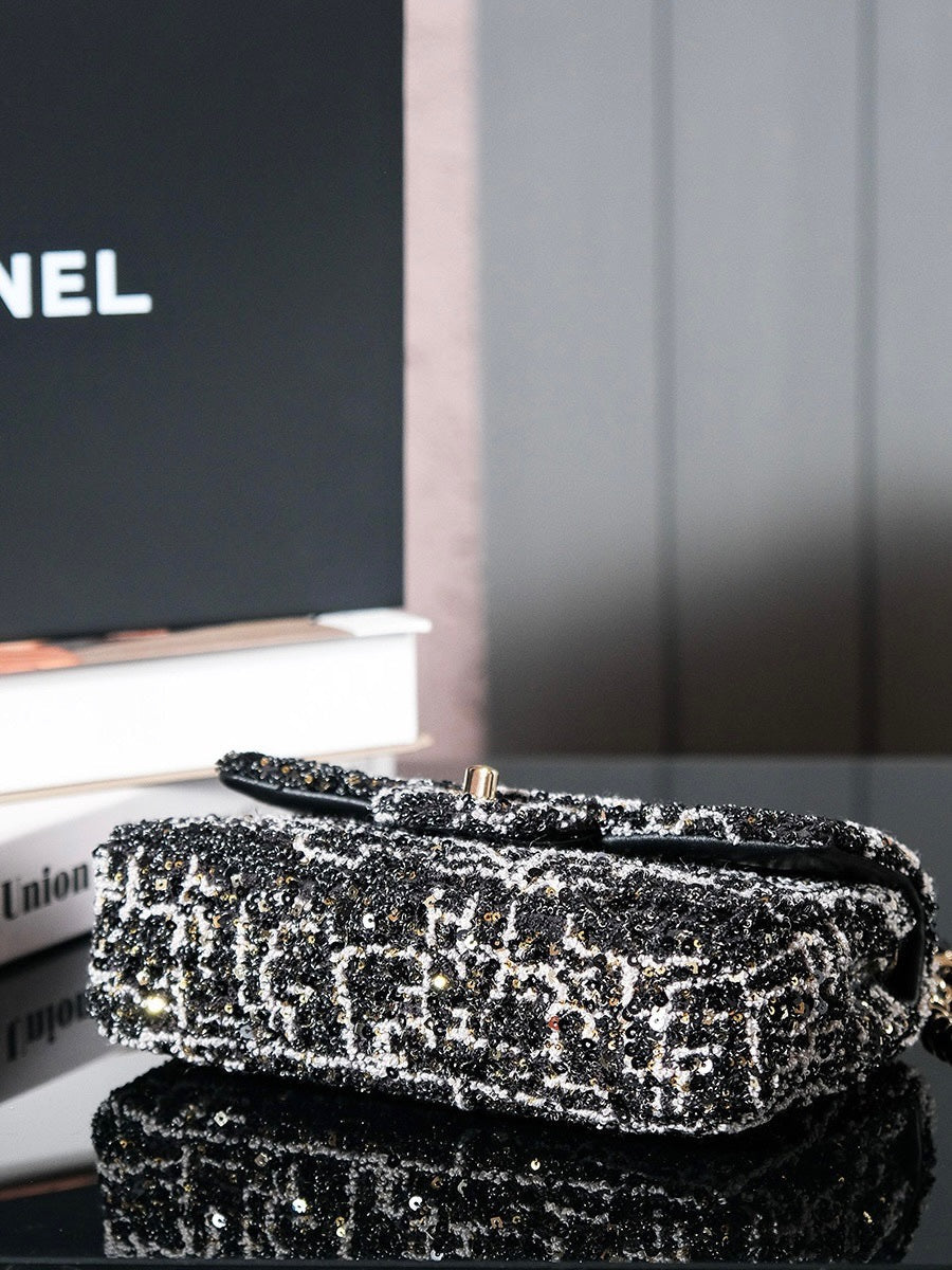 24S Flap Bag 20cm Black White Sequin Calfskin
