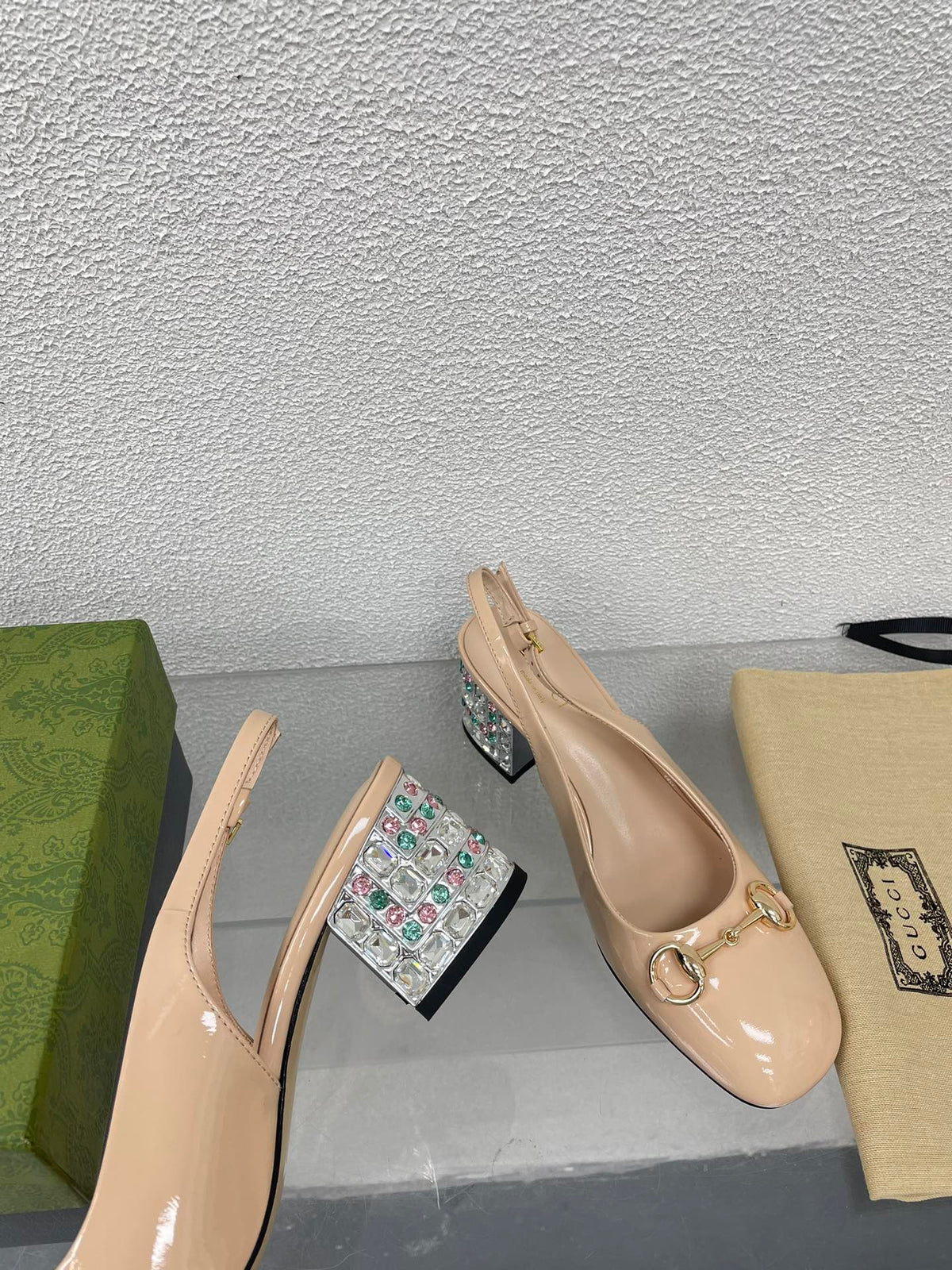 GG WOMEN'S HORSEBIT SLINGBACK IN TAN BEIGE CALFSKIN WITH RHINSTONES