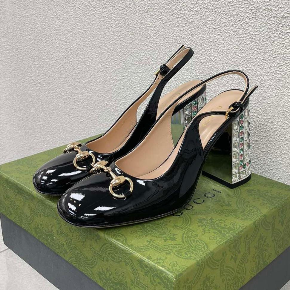 GG WOMEN'S HORSEBIT SLINGBACK 95MM IN BLACK CALFSKIN WITH RHINSTONES