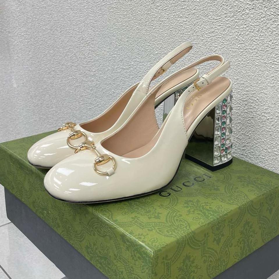GG WOMEN'S HORSEBIT SLINGBACK 95MM IN WHITE CALFSKIN WITH RHINSTONES