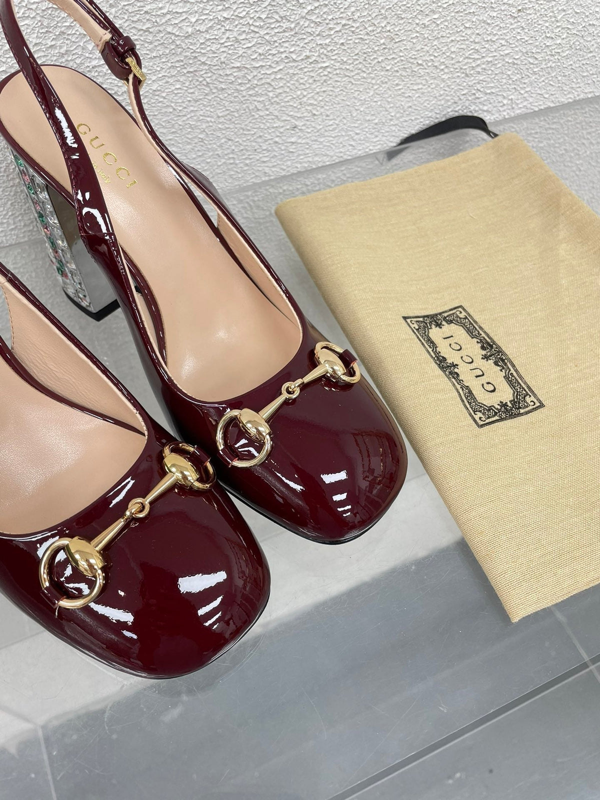 GG WOMEN'S HORSEBIT SLINGBACK 95MM IN WINE RED CALFSKIN WITH RHINSTONES