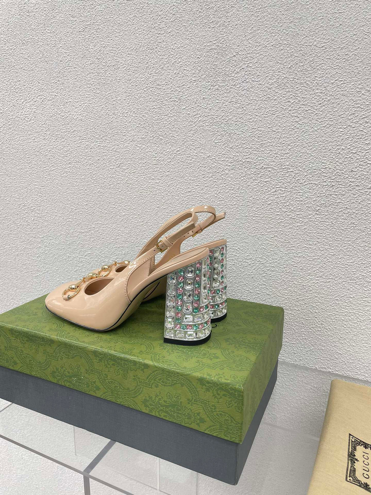 GG WOMEN'S HORSEBIT SLINGBACK 95MM IN TAN BEIGE CALFSKIN WITH RHINSTONES
