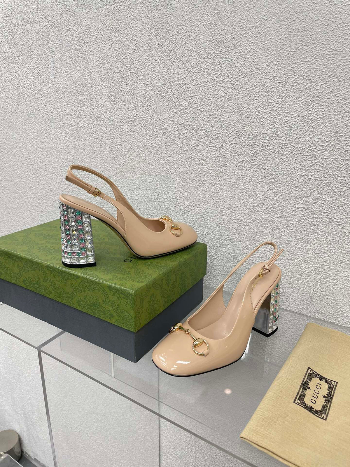 GG WOMEN'S HORSEBIT SLINGBACK 95MM IN TAN BEIGE CALFSKIN WITH RHINSTONES